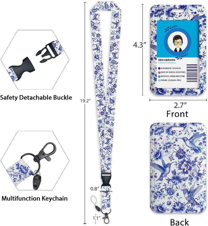 GIANCOMICS Bird Flowers Lanyards for Id Badges, Floral ID Badge Holder with Retractable Reel, Blue Cute Lanyard with Key Keychain Carabiner Clip Name Tag Card Holder for Teacher Women Work Office - Image 4